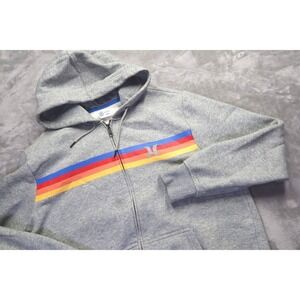 Hurley Men's Grey Zip Up Hoodie Rainbow Stripe‎ Logo Casual Size L Surfer